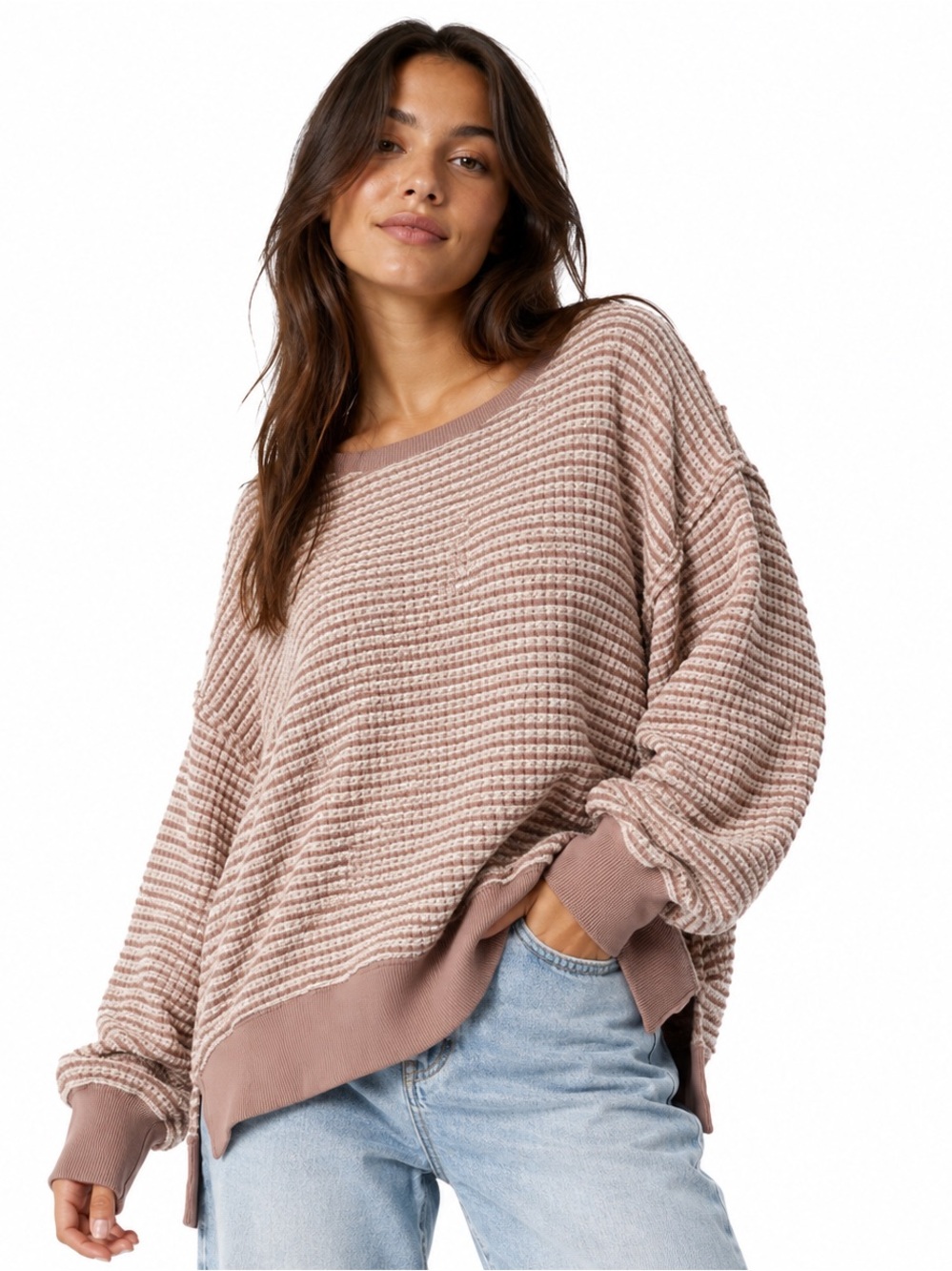 American Eagle Big Hug Waffle Knit Oversized Sweatshirt Brown XS taupe beige